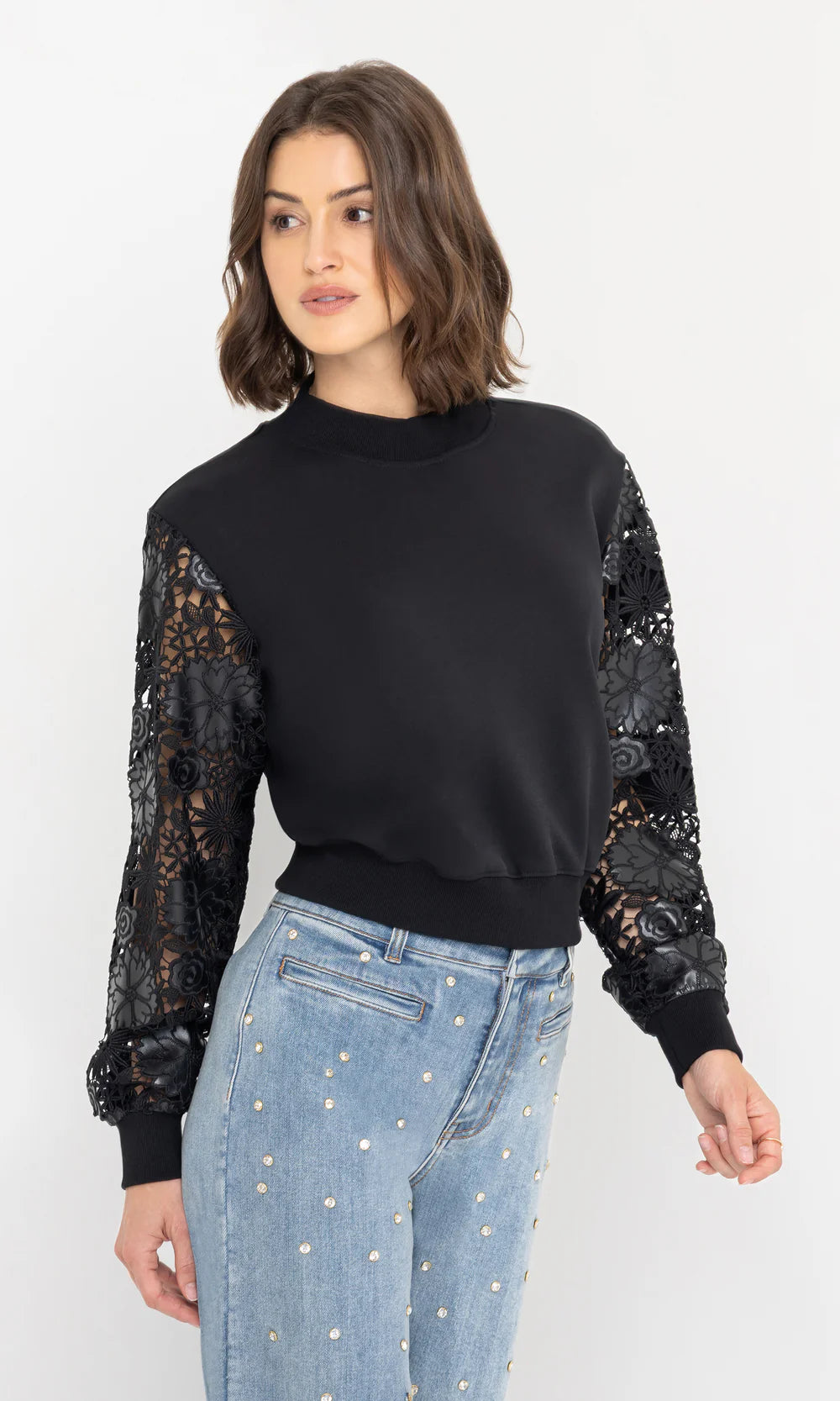 Theron Guipure Blk Combo Sleeve Sweatshirt