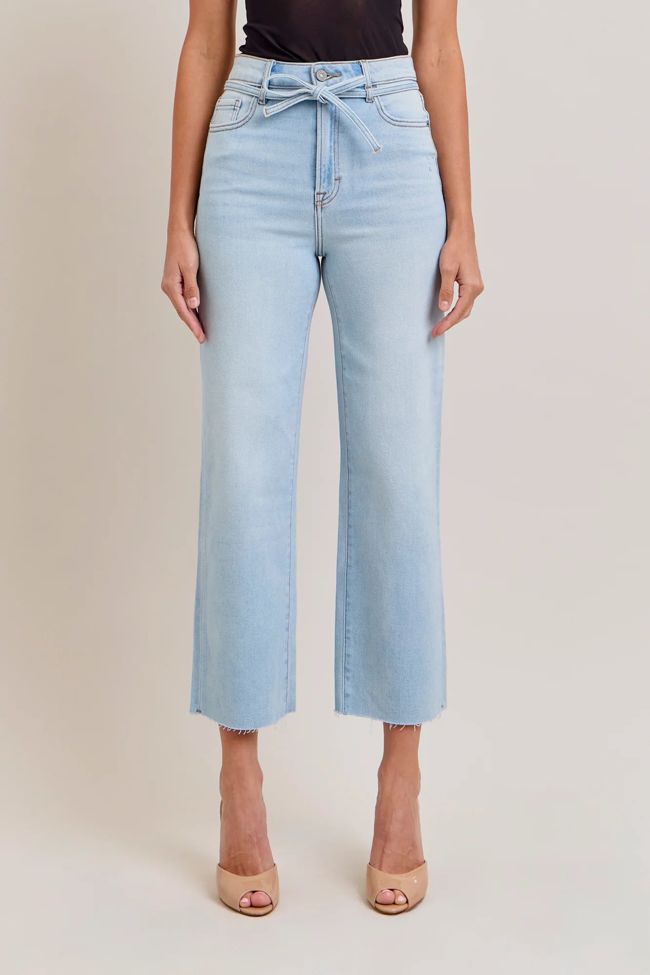 Tie Waist Clean Stretch Wide Leg Jeans
