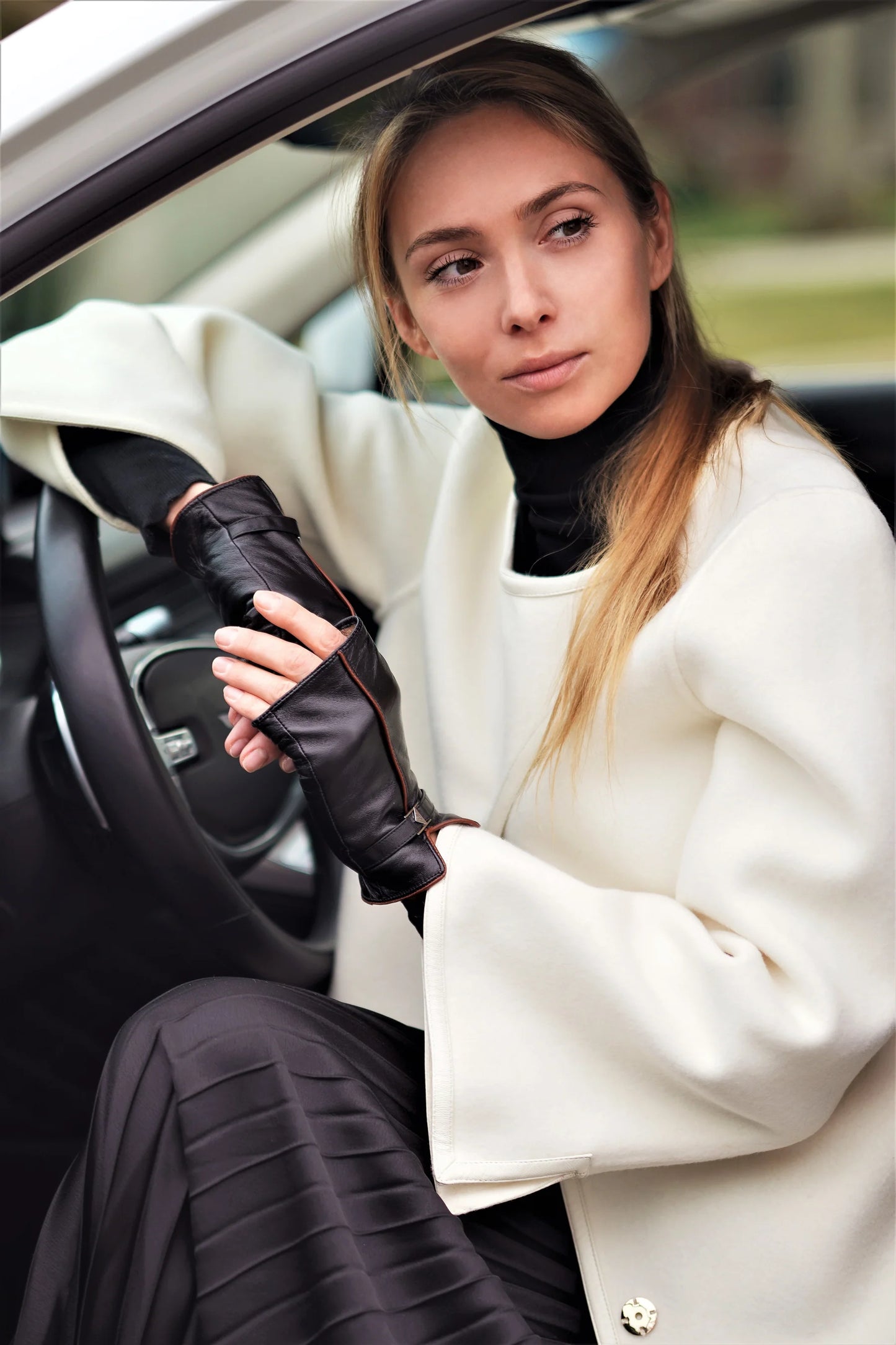 Lady Auto Fingerless Leather Cashmere Lined Gloves