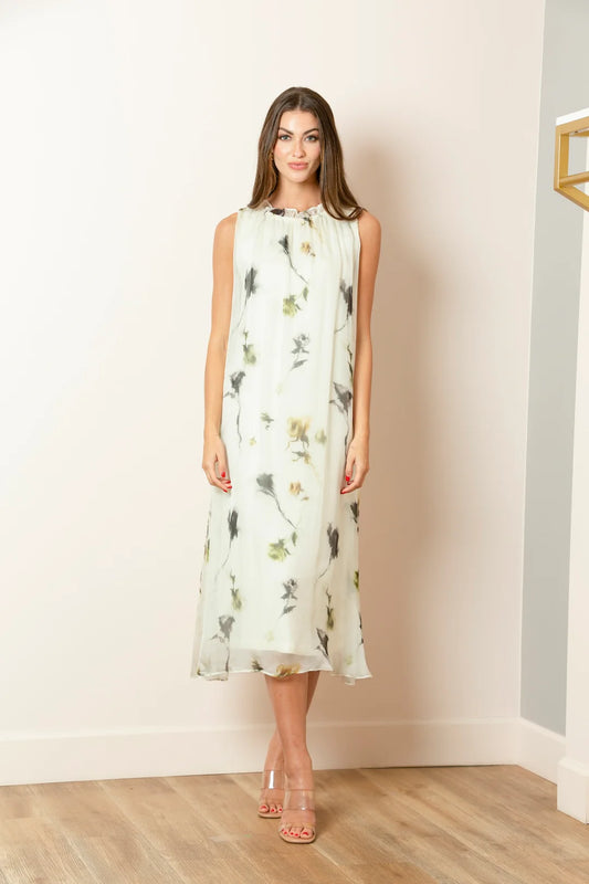 Printed Silk Sleeveless Dress with Gathered Neck