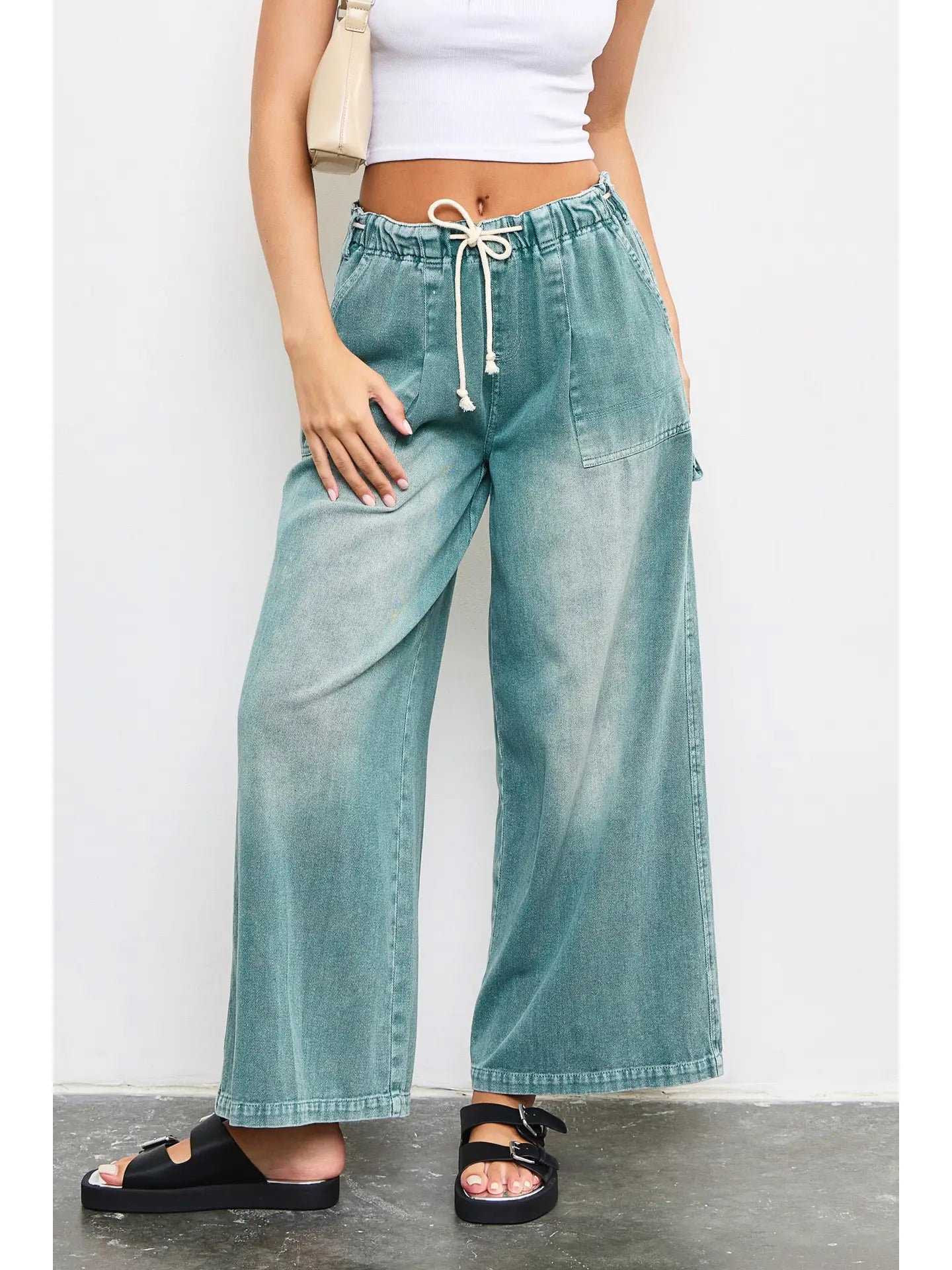 Drawstring Wide-Leg Denim Pants