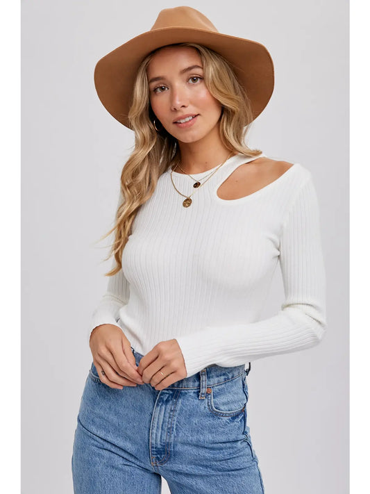 Cutout Shoulder Ribbed Top