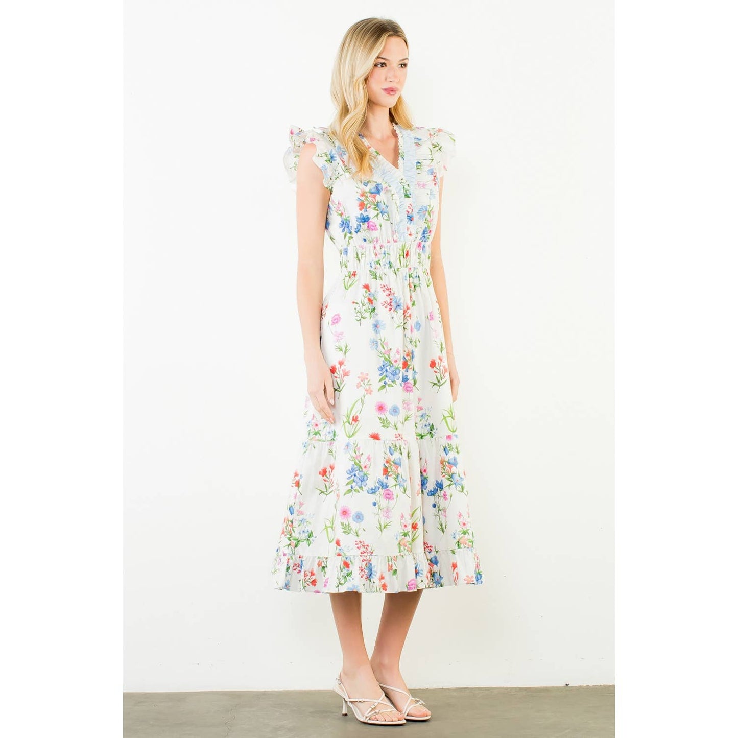 Ruffle Sleeves Floral Print Tiered Dress