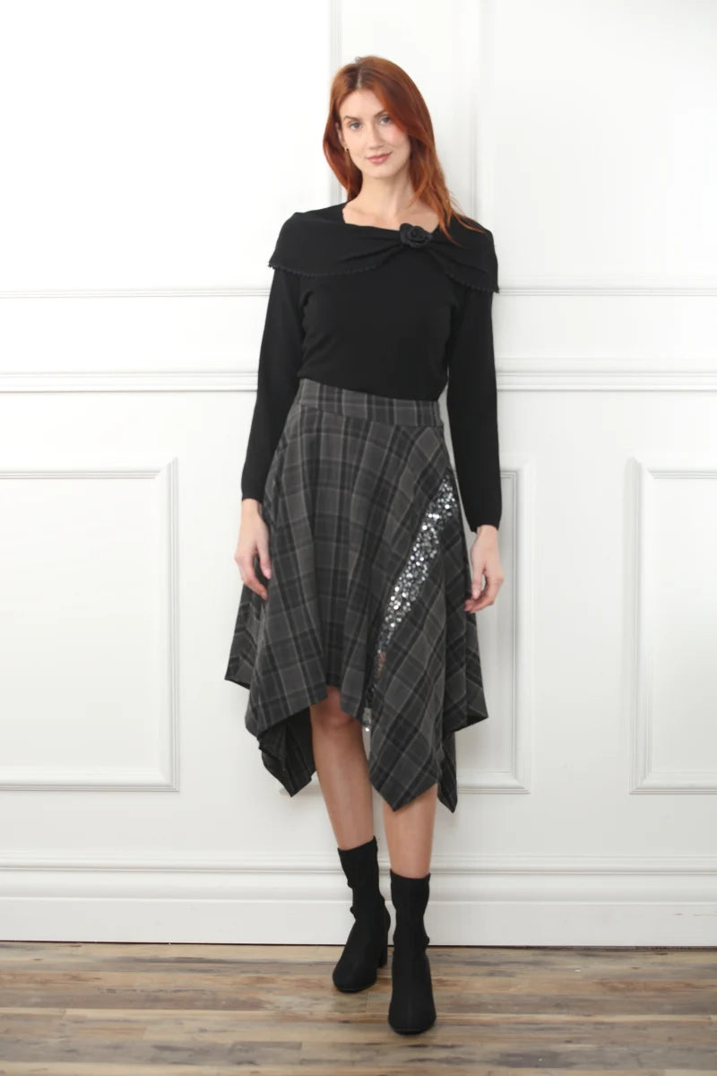 Sequin Inset Plaid Handkerchief Skirt