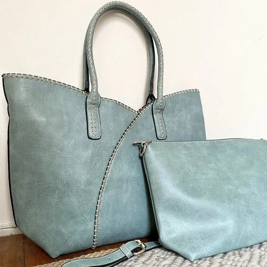 2-in-1 Stitch Trim Detail Shoulder/Tote Set Bag