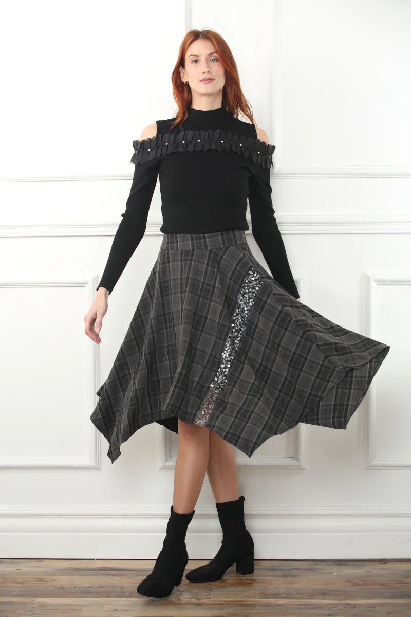 Sequin Inset Plaid Handkerchief Skirt